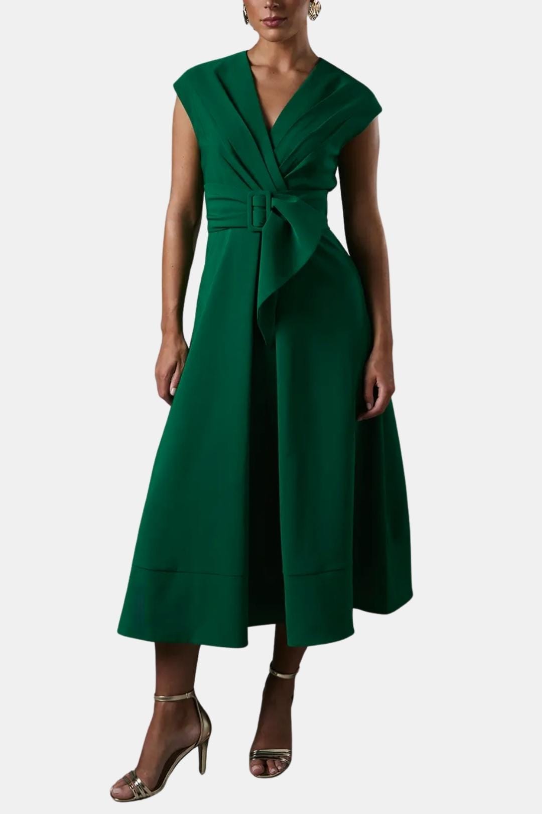 Women's Midi Dress Belted V-Neck Crepe Elegant Casual