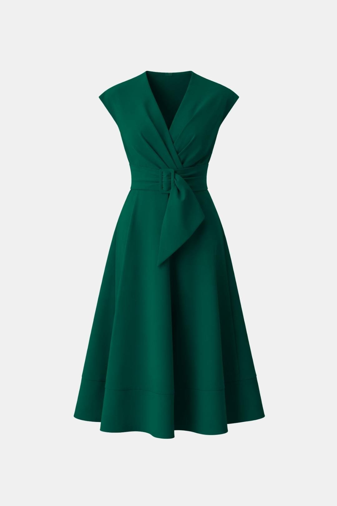 Women's Midi Dress Belted V-Neck Crepe Elegant Casual
