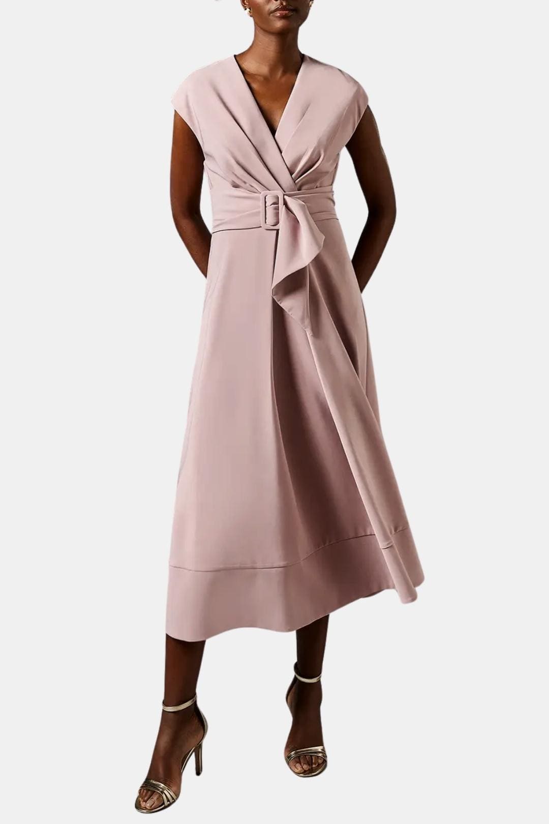Women's Midi Dress Belted V-Neck Crepe Elegant Casual