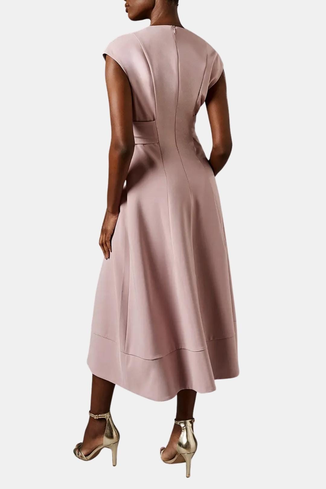 Women's Midi Dress Belted V-Neck Crepe Elegant Casual