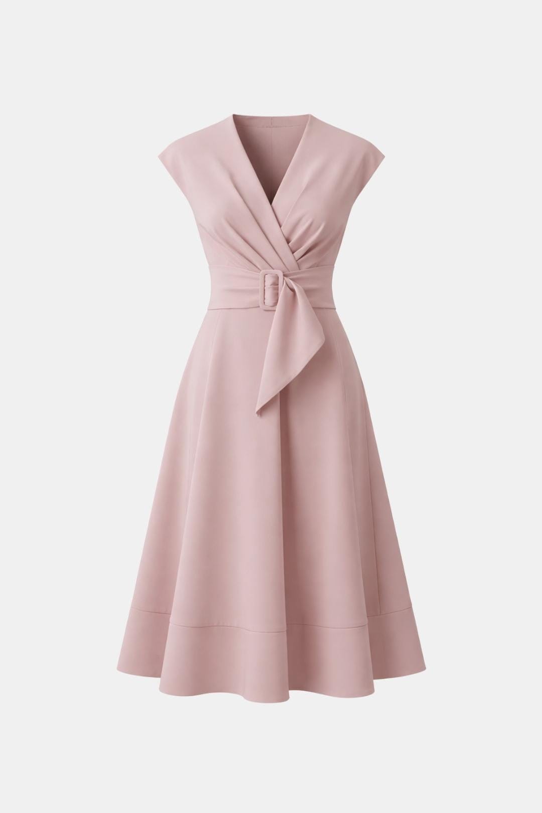 Women's Midi Dress Belted V-Neck Crepe Elegant Casual