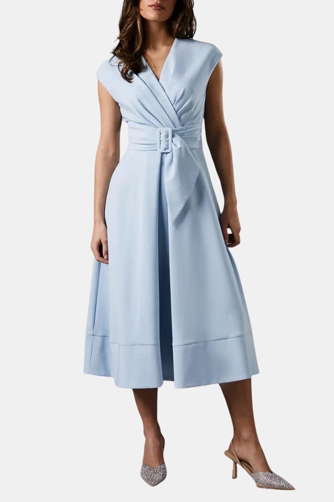 Women's Midi Dress Belted V-Neck Crepe Elegant Casual