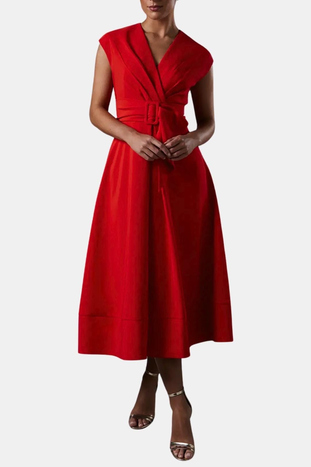 Women's Midi Dress Belted V-Neck Crepe Elegant Casual