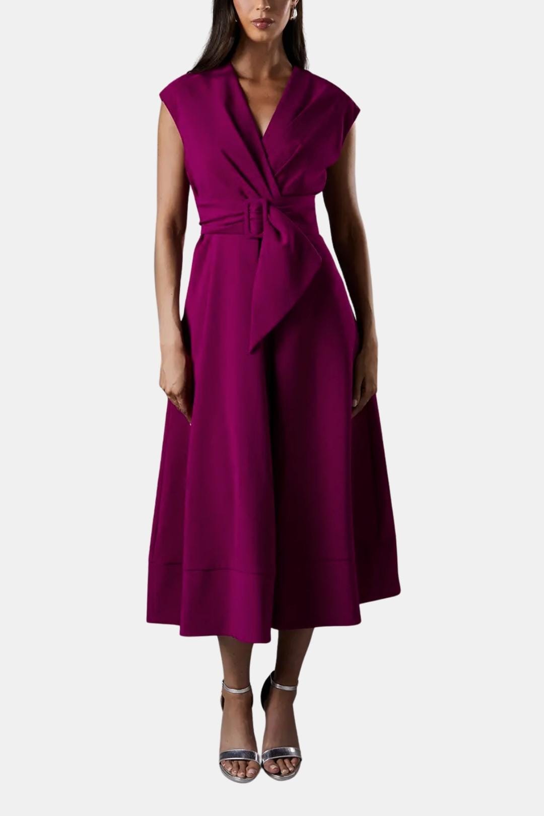 Women's Midi Dress Belted V-Neck Crepe Elegant Casual