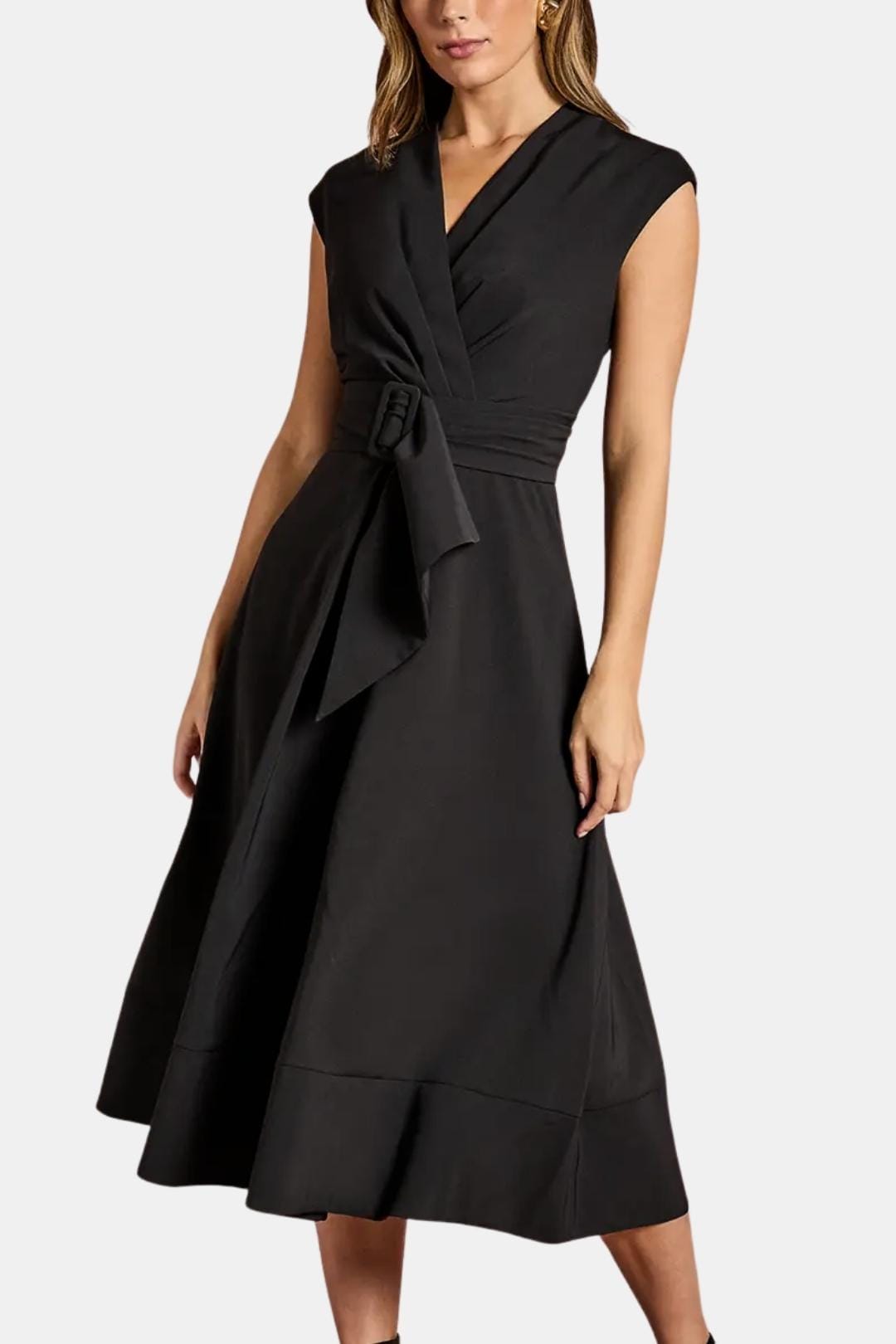 Women's Midi Dress Belted V-Neck Crepe Elegant Casual