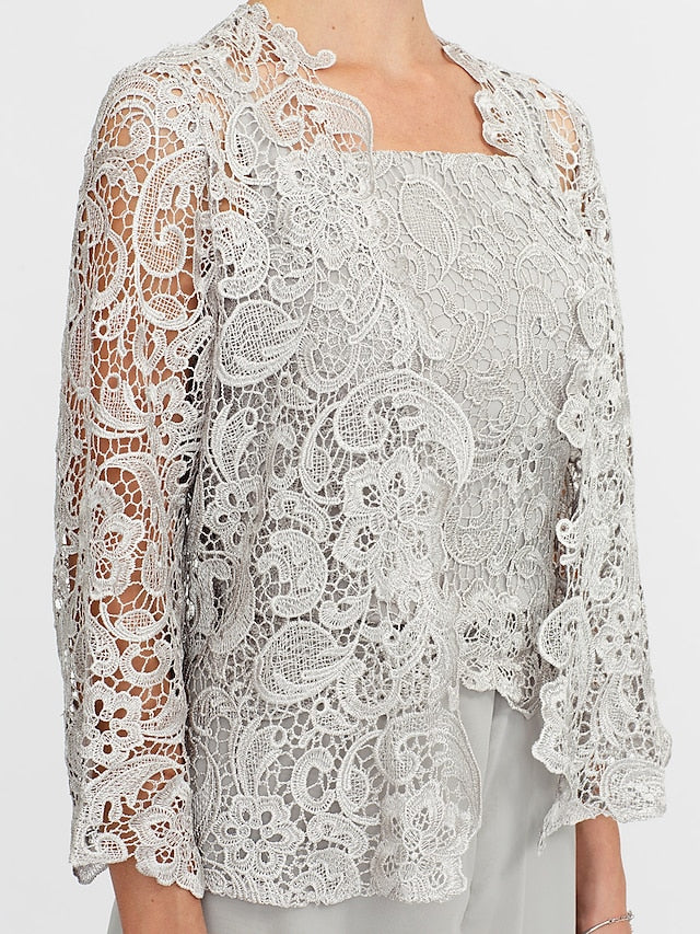 Women's Chiffon Mother of the Bride Pantsuit Square Neck Floor-Length Jacket