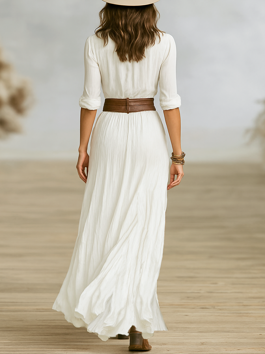 Women's Maxi Dress Tailored Shawl Collar Waist-Defining Belt Elegant Summer