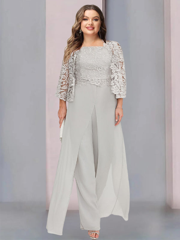 Women's Chiffon Mother of the Bride Pantsuit Square Neck Floor-Length Jacket