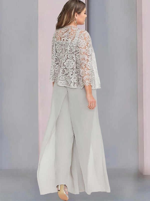 Women's Chiffon Mother of the Bride Pantsuit Square Neck Floor-Length Jacket