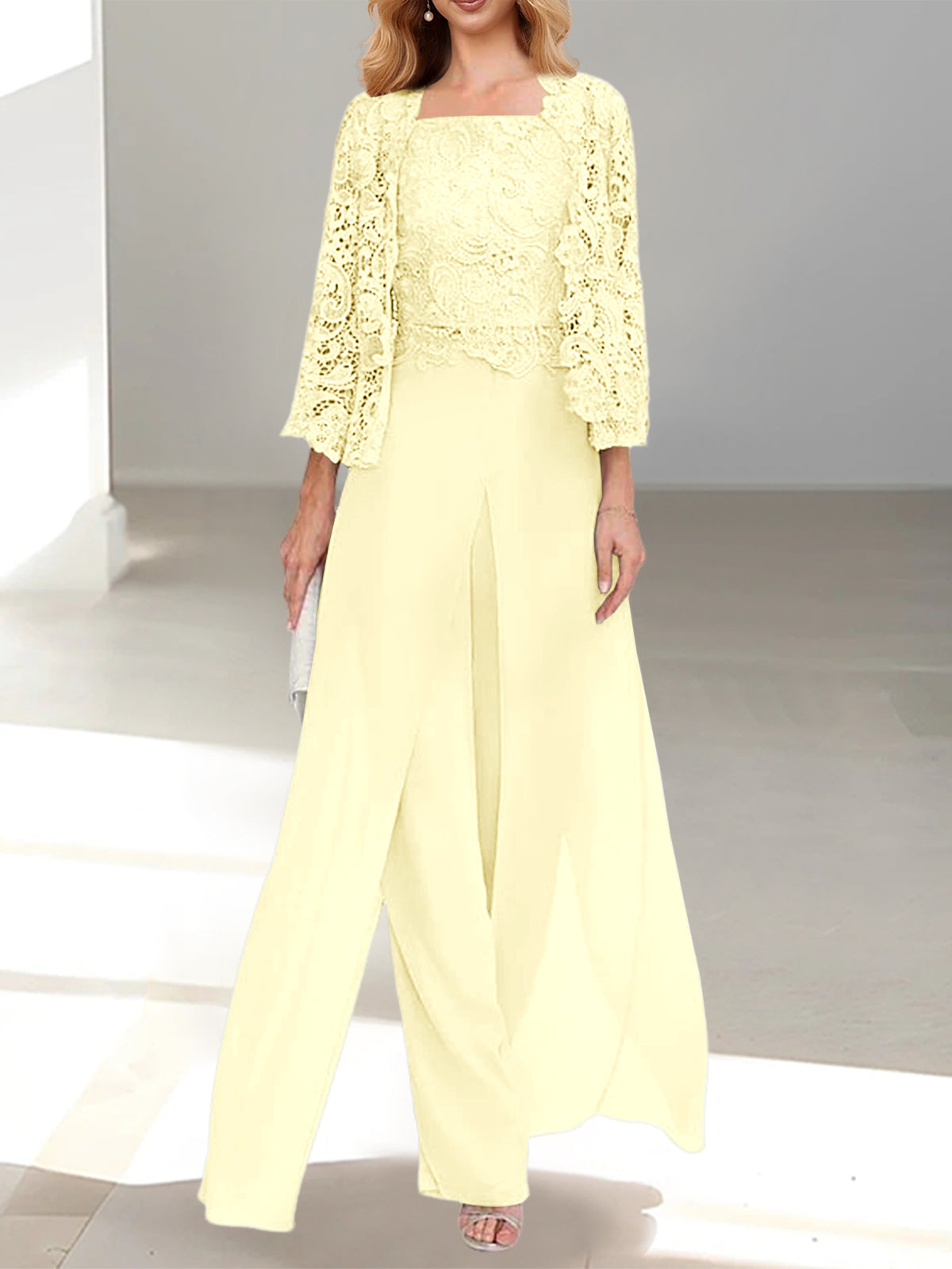 Women's Chiffon Mother of the Bride Pantsuit Square Neck Floor-Length Jacket