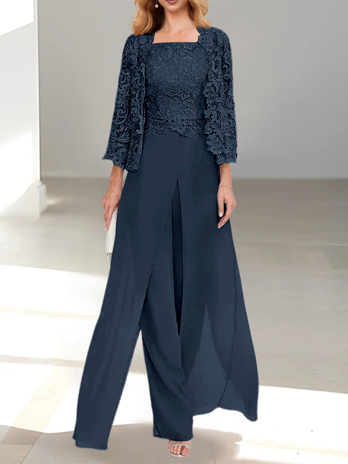Women's Chiffon Mother of the Bride Pantsuit Square Neck Floor-Length Jacket