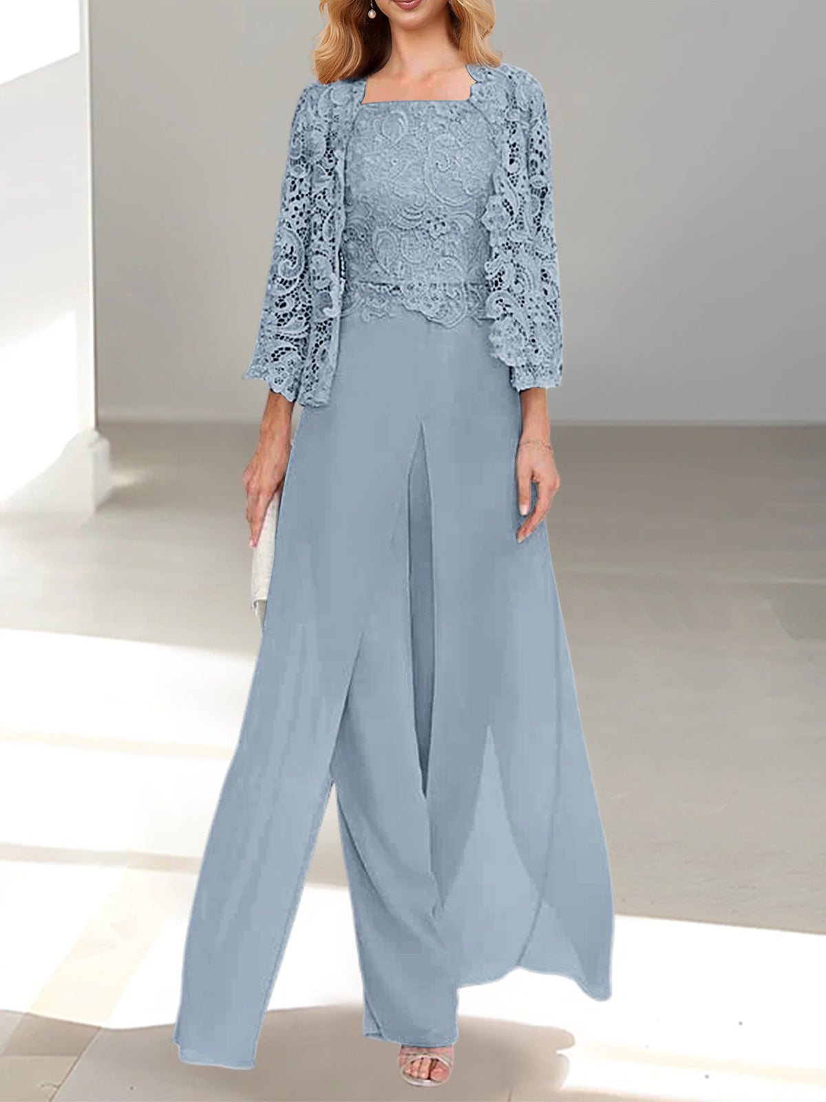 Women's Chiffon Mother of the Bride Pantsuit Square Neck Floor-Length Jacket