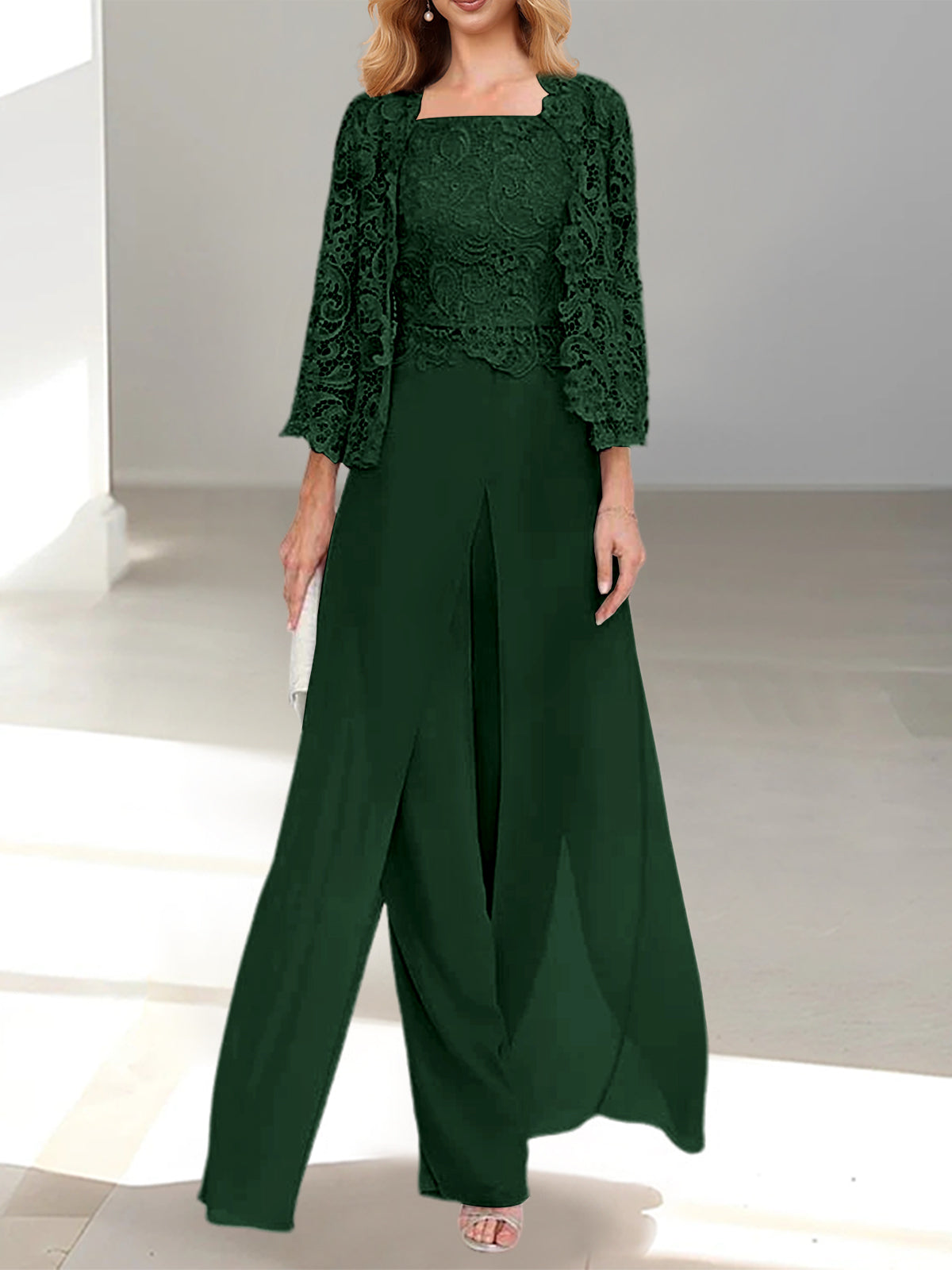 Women's Chiffon Mother of the Bride Pantsuit Square Neck Floor-Length Jacket