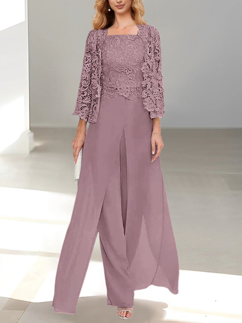 Women's Chiffon Mother of the Bride Pantsuit Square Neck Floor-Length Jacket
