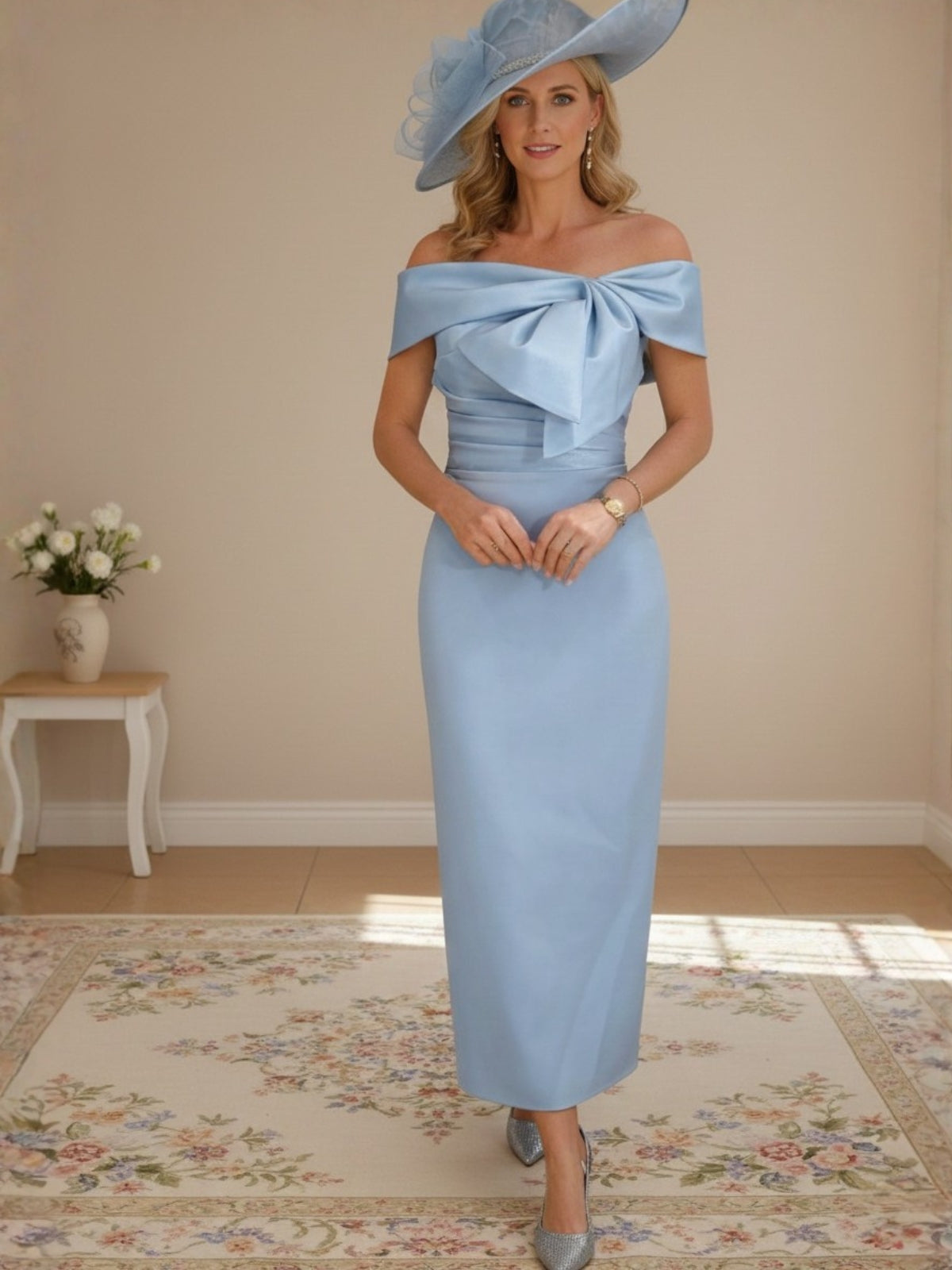 Women's Off-the-Shoulder Ankle-Length Mother of the Bride Dress with Bowknot
