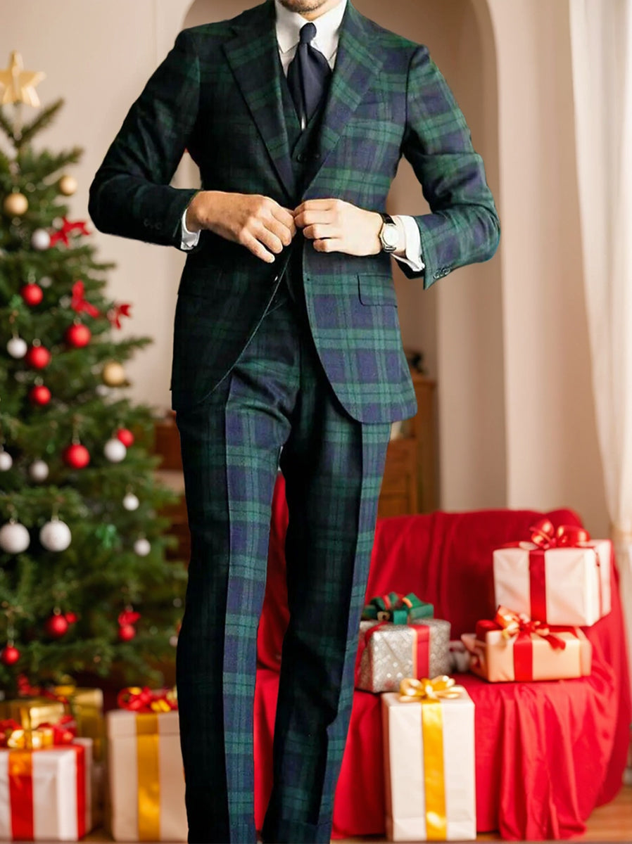 Men's Plaid Wedding Suits Tailored Fit Single Breasted 3 Piece Dark Green