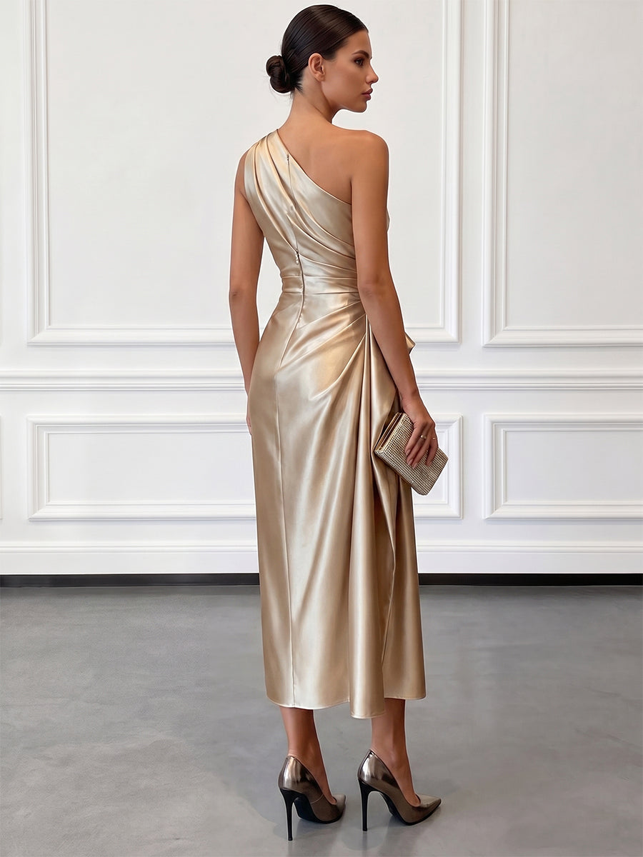 Women's Midi Dress One-Shoulder Ruched Satin Wedding Guest Outfit