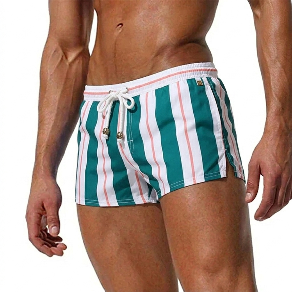 Men's Striped Swim Shorts - Drawstring Waist and Quick-Dry Fabric