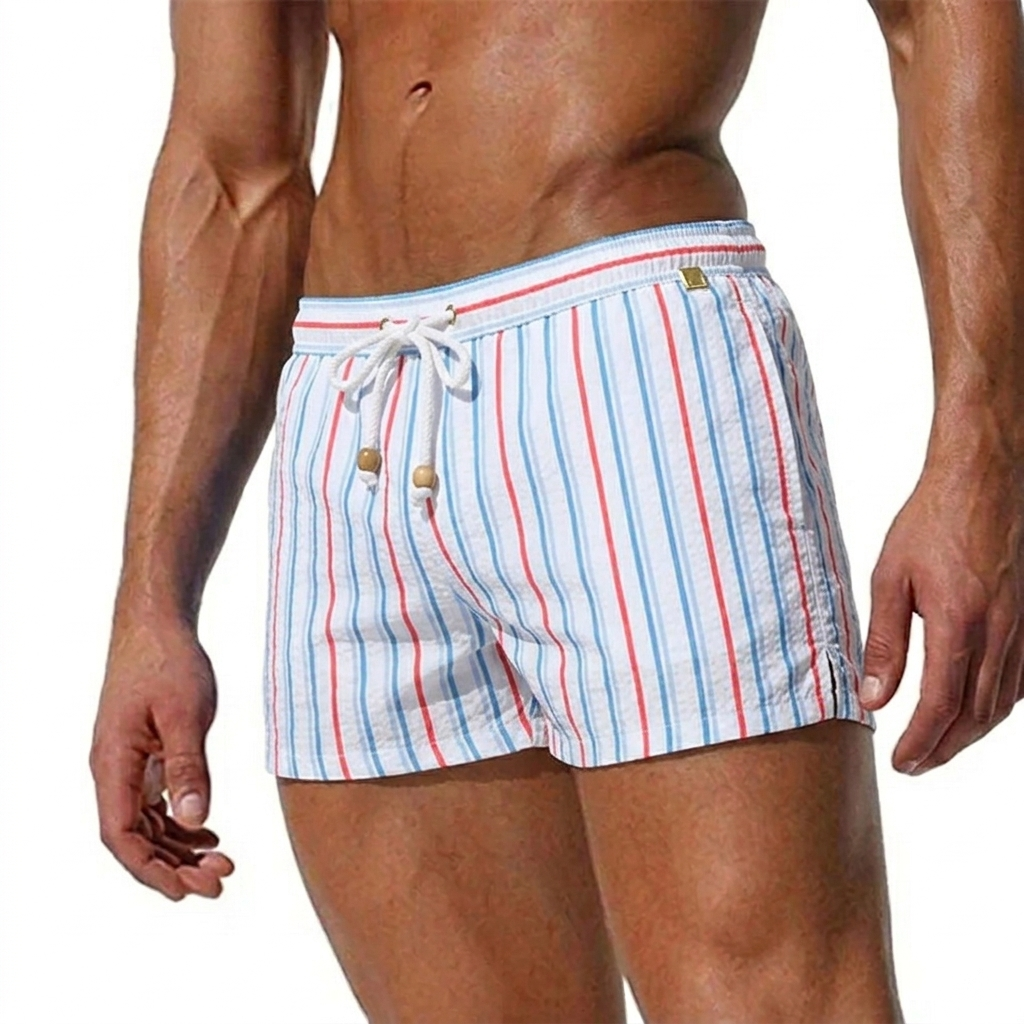 Men's Striped Swim Shorts - Drawstring Waist and Quick-Dry Fabric