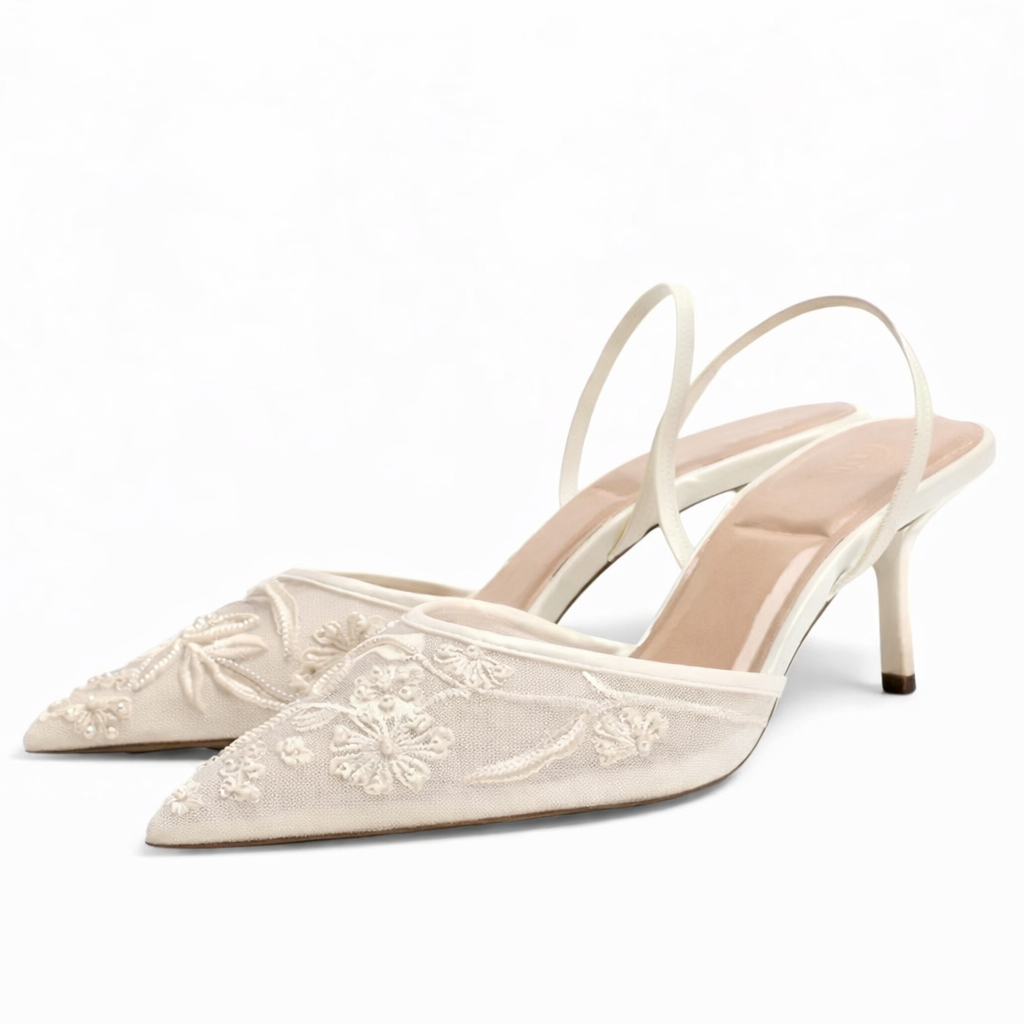 Women's Mule Heels Embroidered Mesh Floral Detail Pointed Toe
