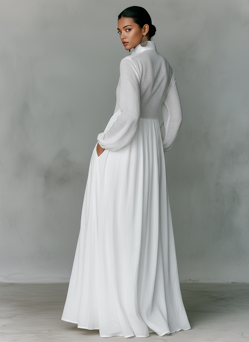 Women's Maxi Dress Cotton Linen Patchwork Stand-Up Collar Long Sleeve Casual Wear
