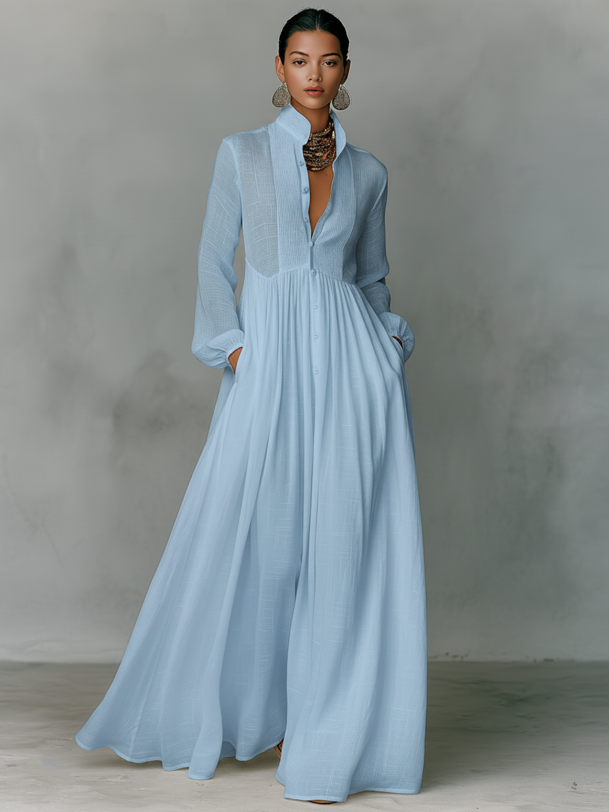 Women's Maxi Dress Cotton Linen Patchwork Stand-Up Collar Long Sleeve Casual Wear