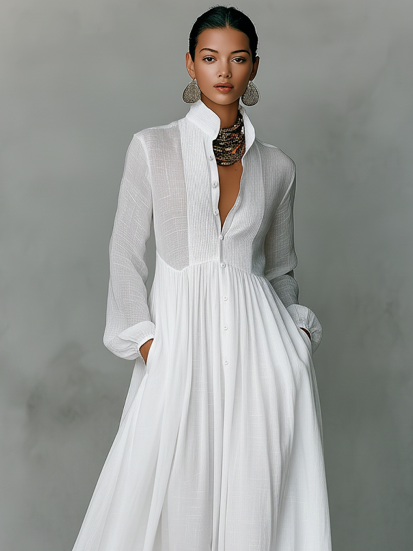 Women's Maxi Dress Cotton Linen Patchwork Stand-Up Collar Long Sleeve Casual Wear