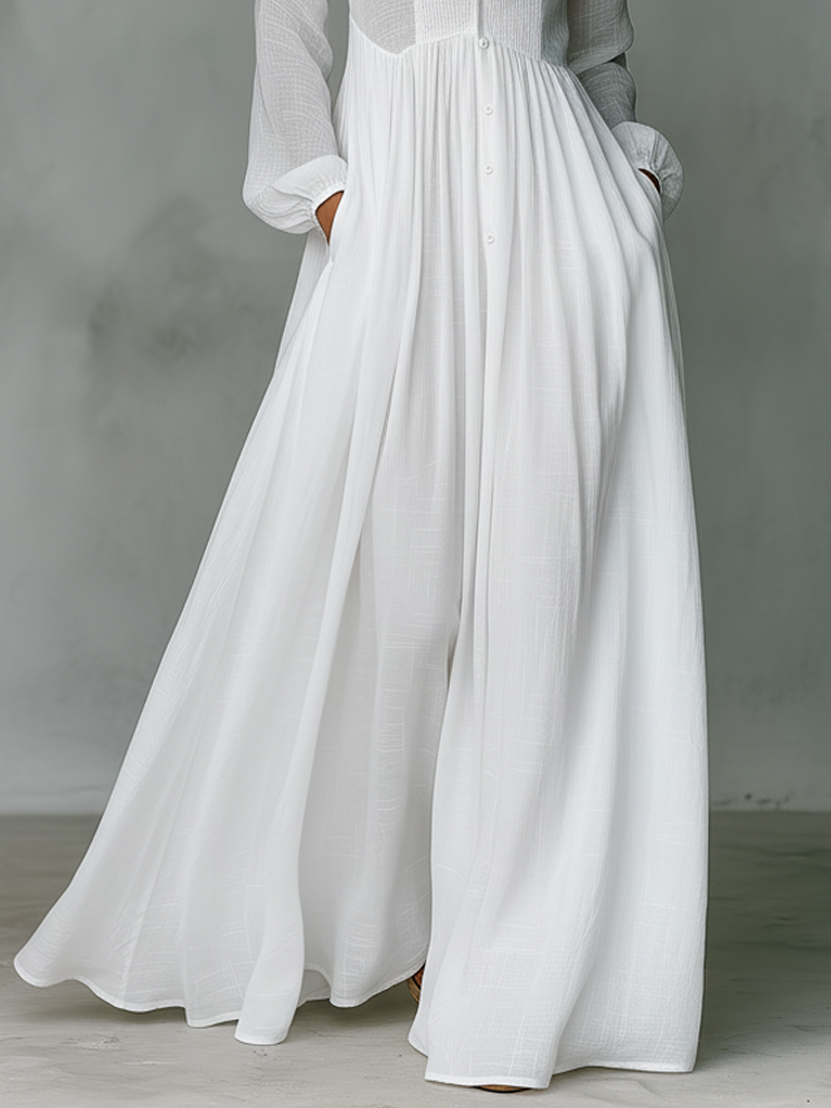 Women's Maxi Dress Cotton Linen Patchwork Stand-Up Collar Long Sleeve Casual Wear