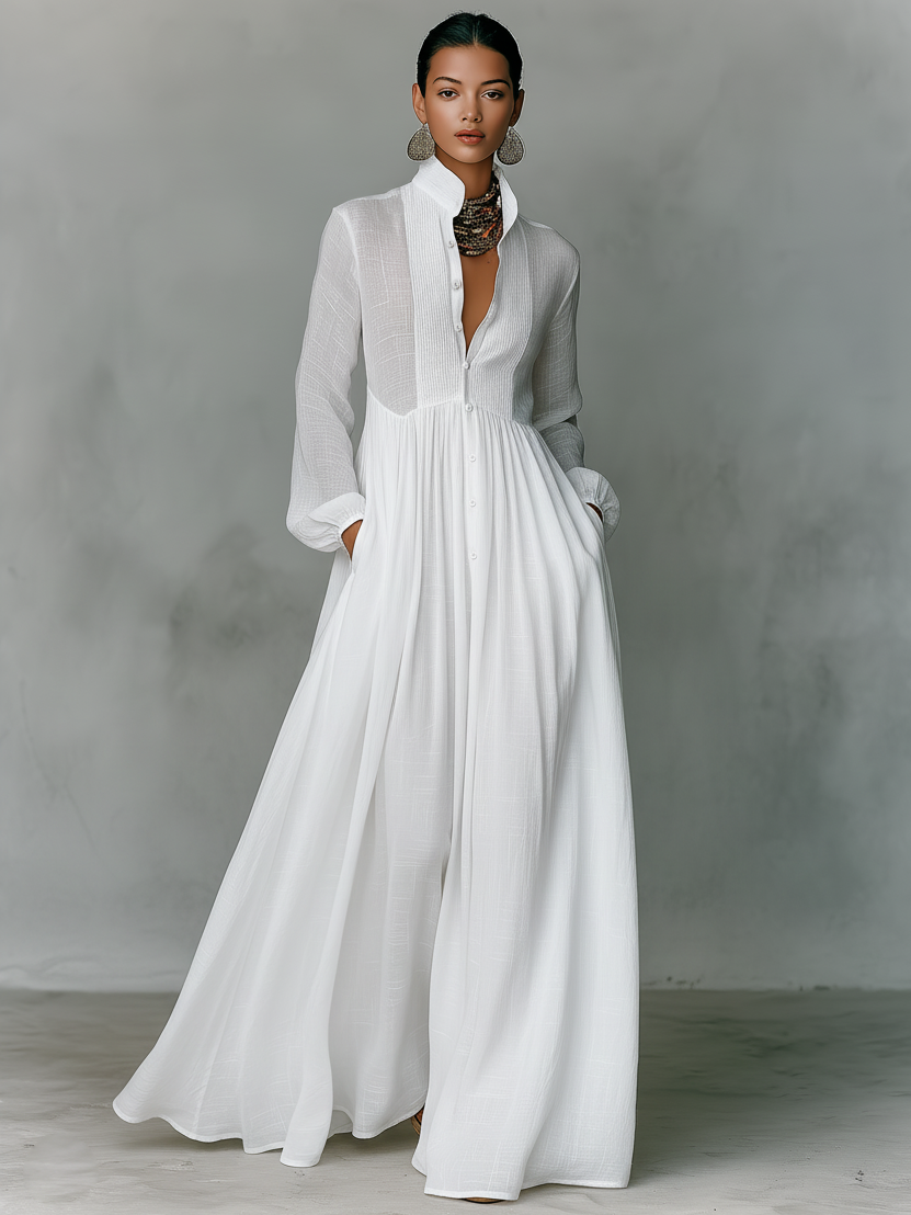 Women's Maxi Dress Cotton Linen Patchwork Stand-Up Collar Long Sleeve Casual Wear