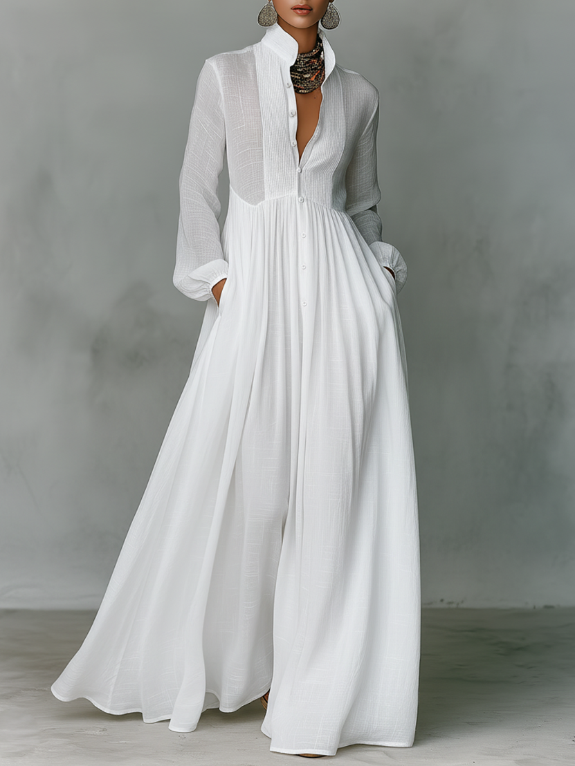 Women's Maxi Dress Cotton Linen Patchwork Stand-Up Collar Long Sleeve Casual Wear