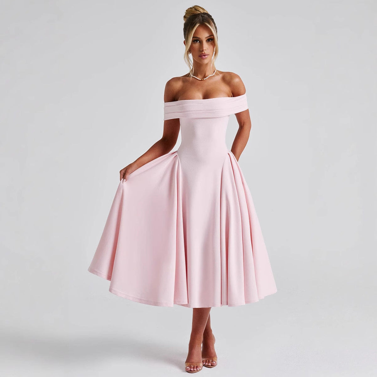 Off-Shoulder Flare Midi Dress