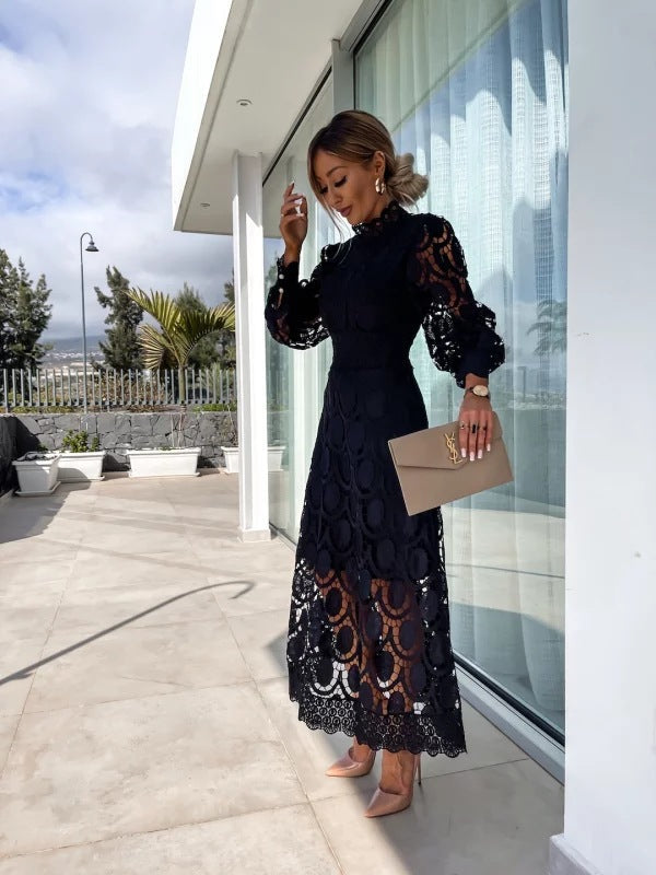 Lace Summer Dress with Puff Sleeves and High Neck for Women