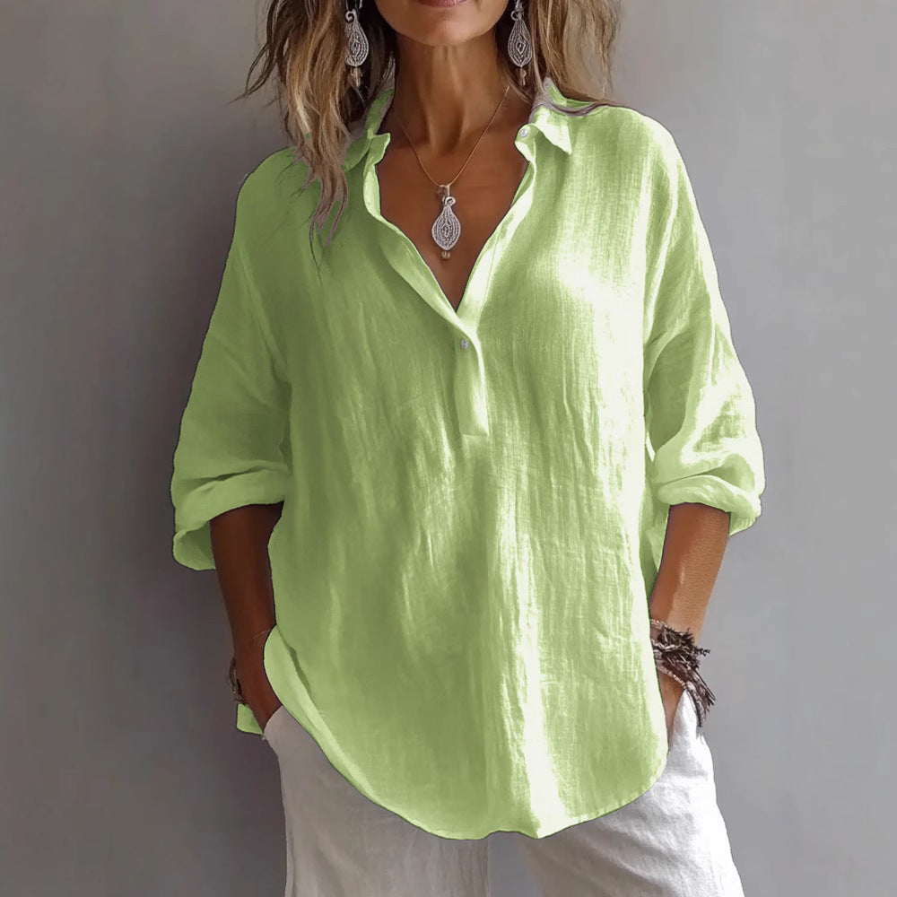 Women's Casual Linen Shirt Button Placket Loose Sleeves Lightweight Summer