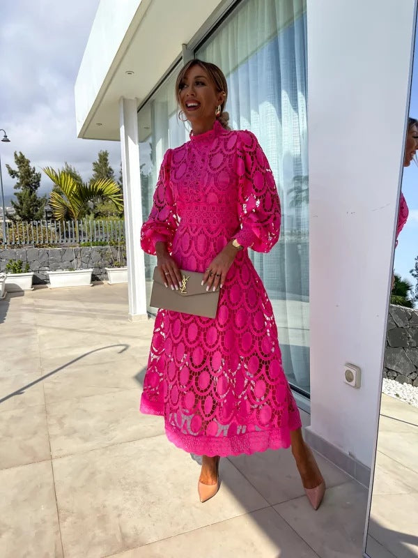 Lace Summer Dress with Puff Sleeves and High Neck for Women