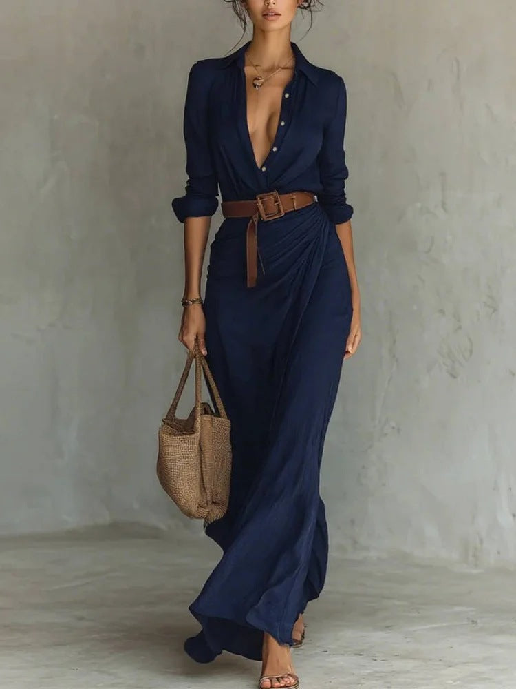 Women's Wrap Maxi Dress V-Neck Long Sleeve Belted Summer Evening Wear