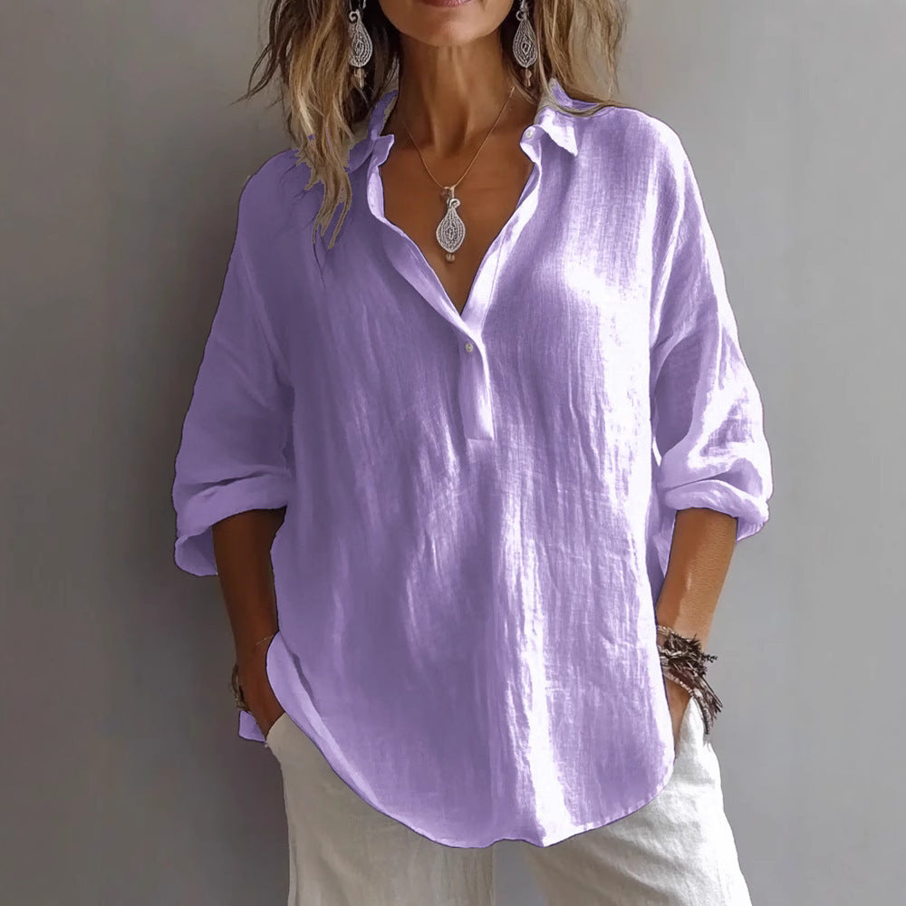 Women's Casual Linen Shirt Button Placket Loose Sleeves Lightweight Summer
