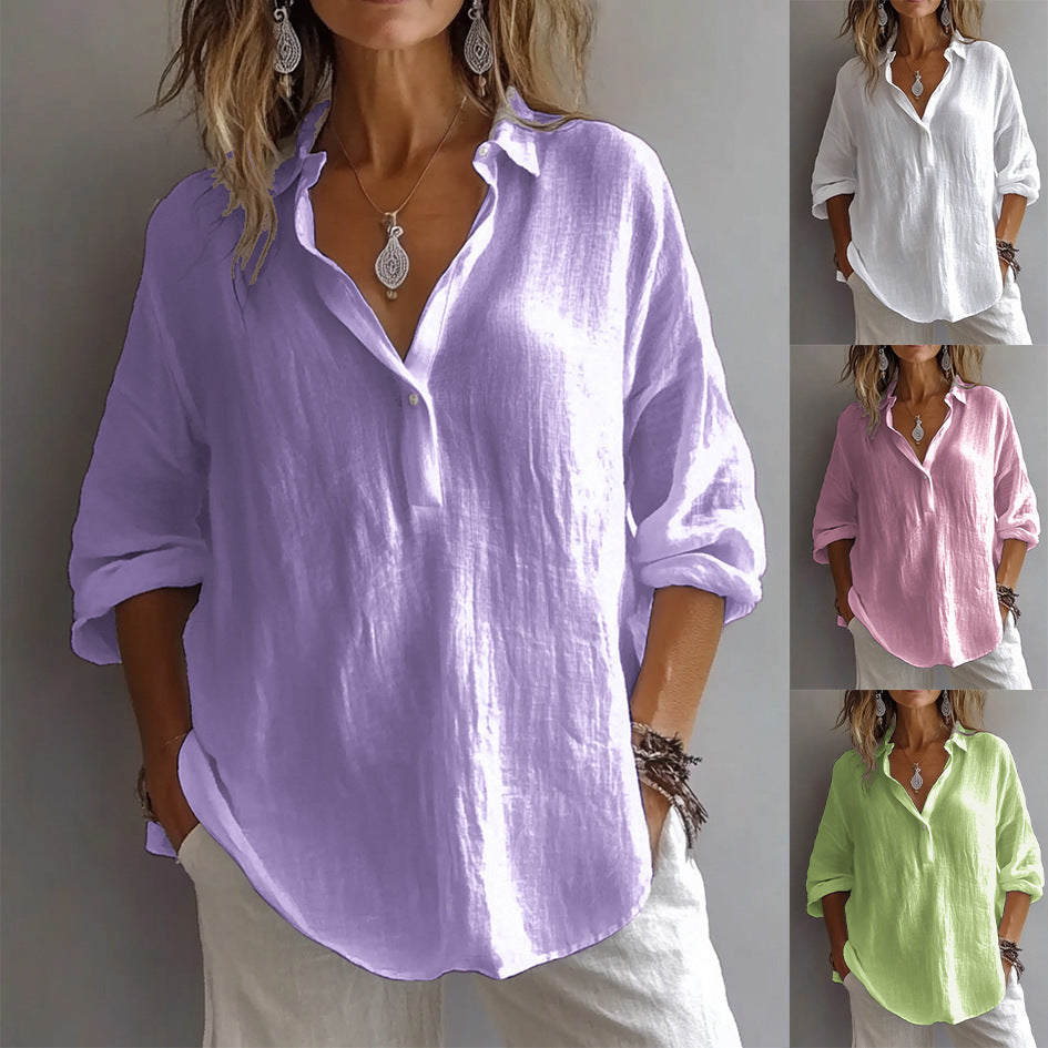 Women's Casual Linen Shirt Button Placket Loose Sleeves Lightweight Summer