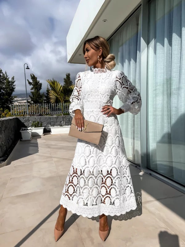 Lace Summer Dress with Puff Sleeves and High Neck for Women