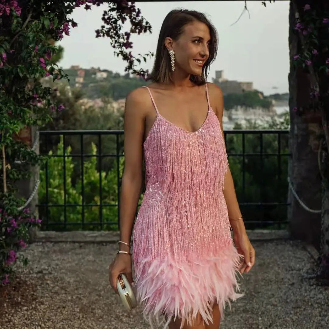 Women's Fringe Feather Cocktail Dress Sequin Embellished Evening Wear