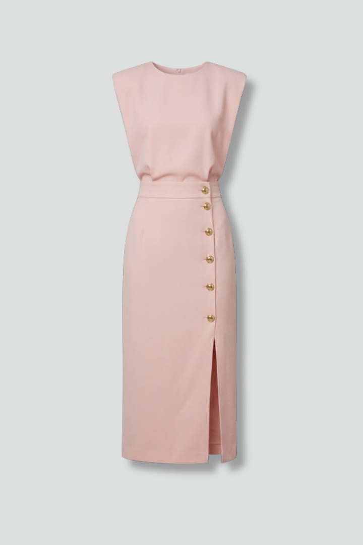 Women's Midi Dress Round Neck Button Slit Casual