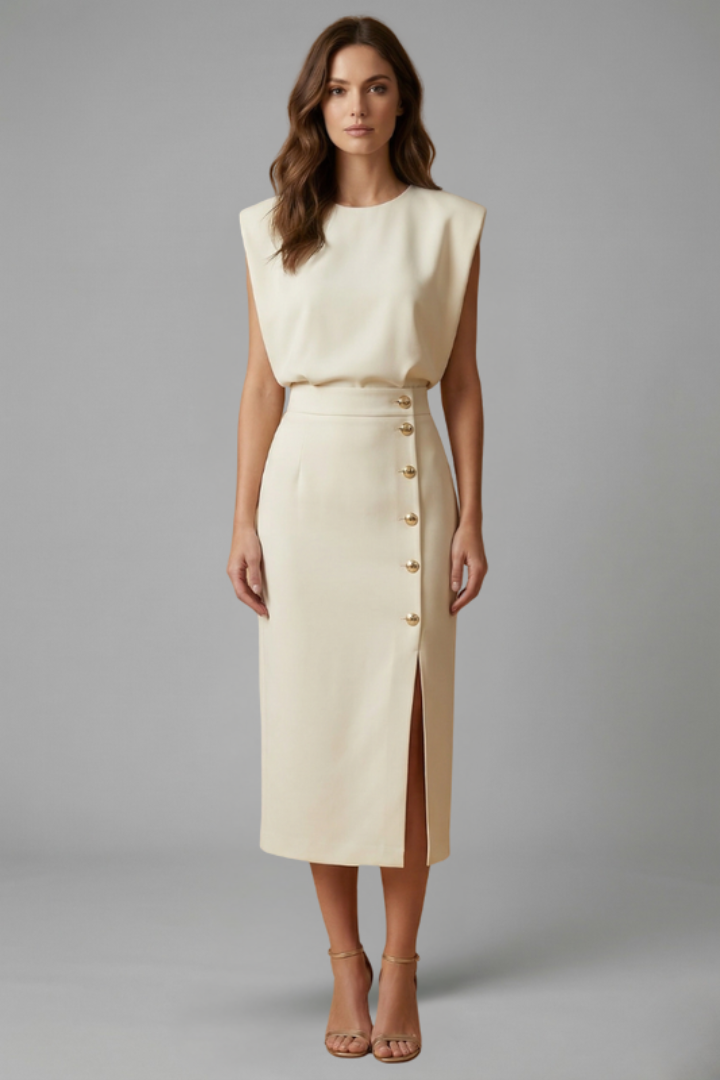 Women's Midi Dress Round Neck Button Slit Casual