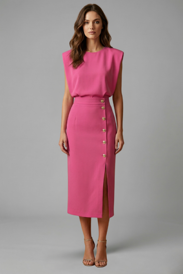 Women's Midi Dress Round Neck Button Slit Casual