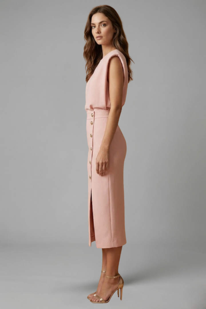 Women's Midi Dress Round Neck Button Slit Casual