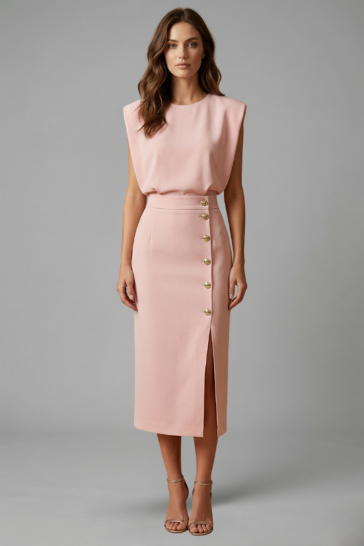 Women's Midi Dress Round Neck Button Slit Casual