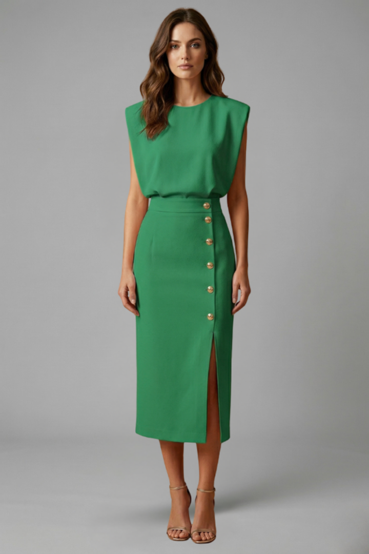 Women's Midi Dress Round Neck Button Slit Casual