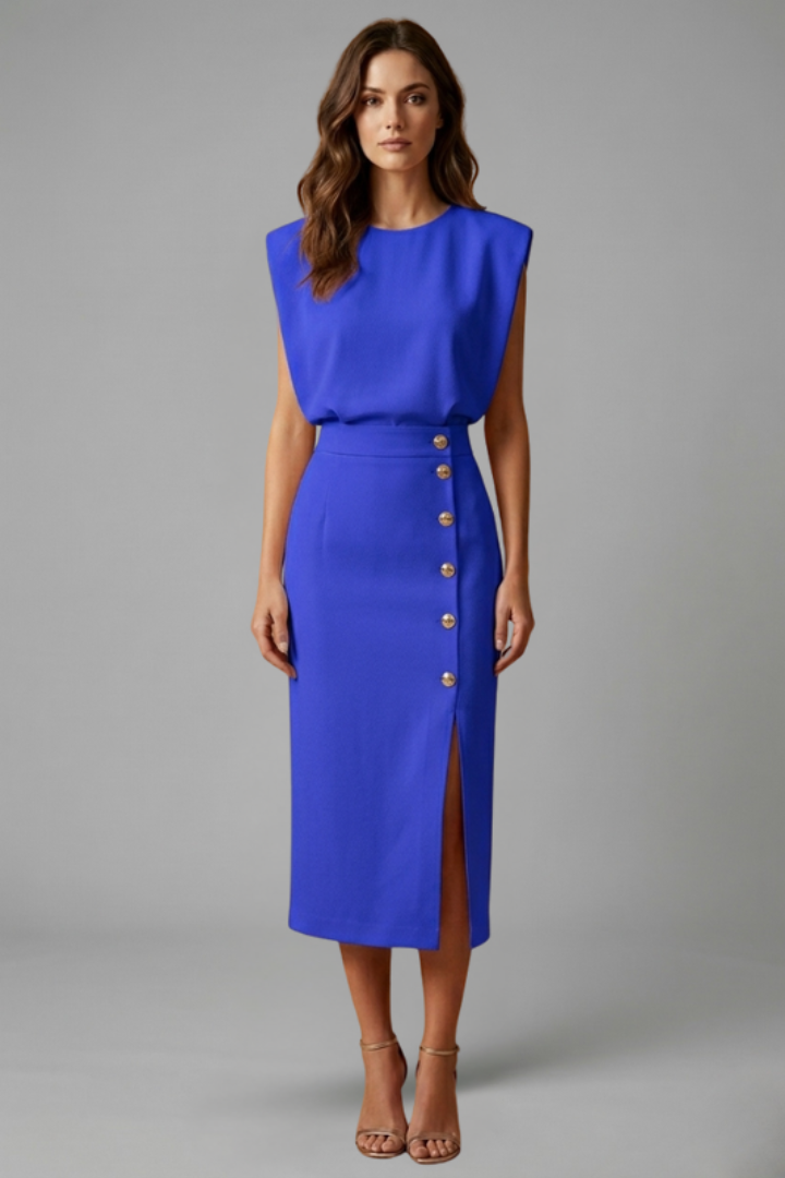 Women's Midi Dress Round Neck Button Slit Casual