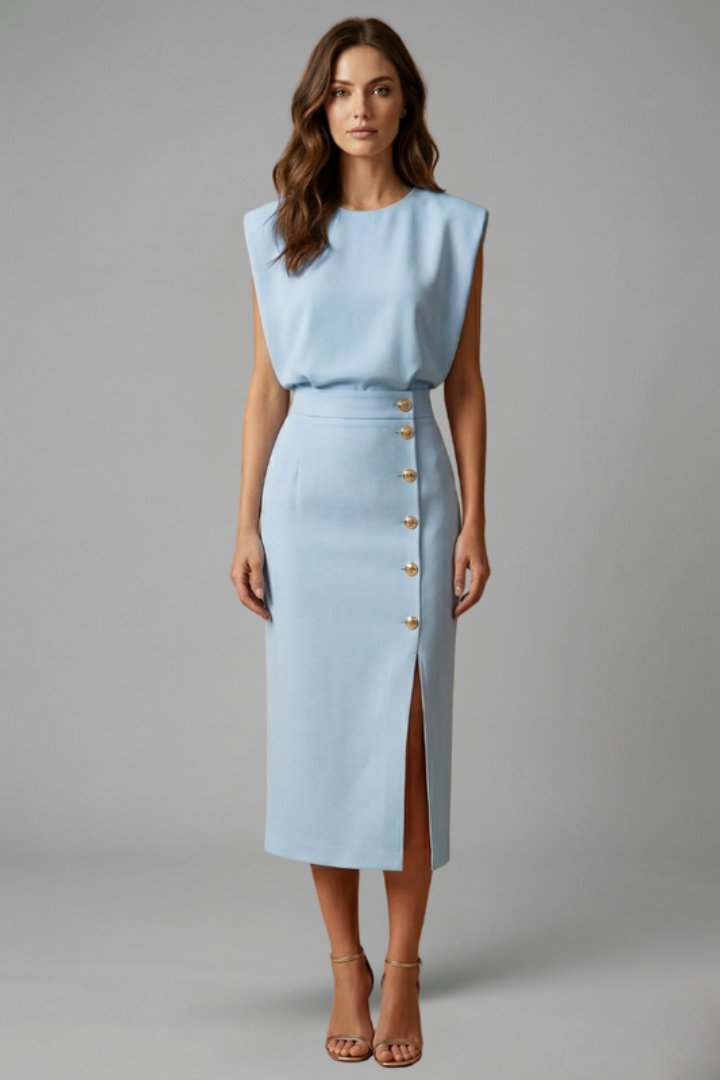 Women's Midi Dress Round Neck Button Slit Casual