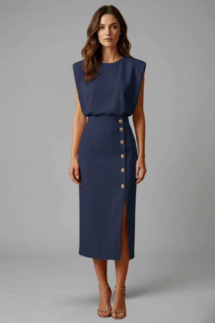 Women's Midi Dress Round Neck Button Slit Casual