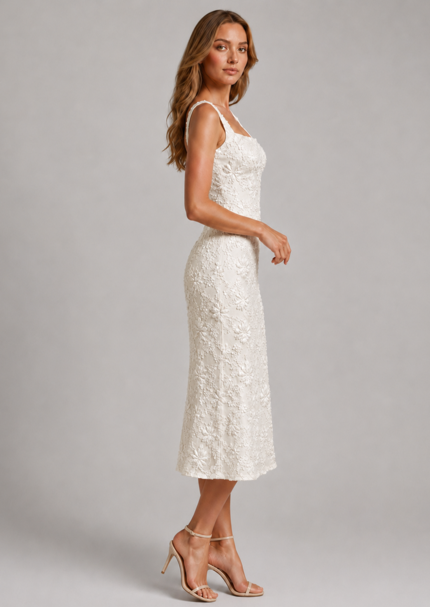 Women's Floral Lace Midi Dress Square Neckline Short Sleeve Casual