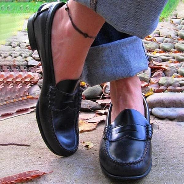 Women's Black Penny Loafers Leather Slip-On Orthopedic Support Comfortable Shoes